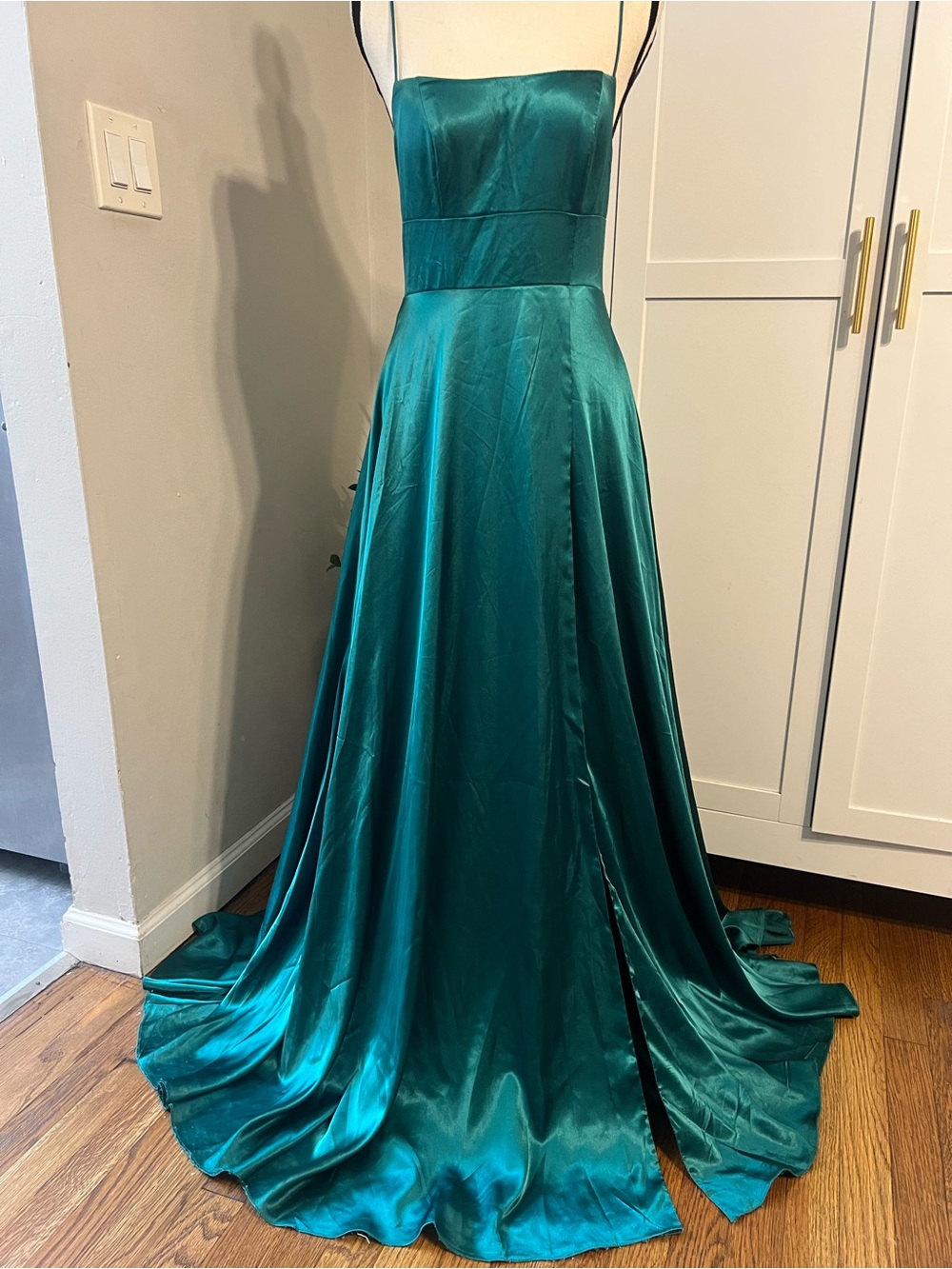 Lulu's Emerald Teal Satin Maxi Gown with Slim Straps
